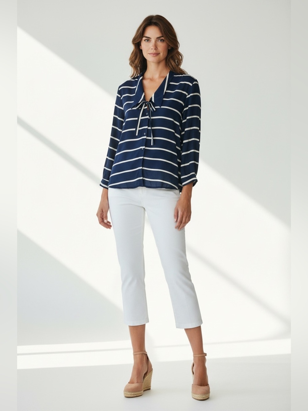 Zara, Navy & White Striped Tie Neck Blouse, 100% Viscose, Size L Lightweight